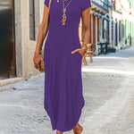 A-line Loose Pockets Solid Color Split-Joint Round-neck Midi Dresses
