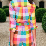 Long Sleeves Loose Rainbow Plaid Split-Joint Lapel Blouses&Shirts Tops
