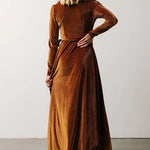 Chestnut Ribbed Velvet Wrap Long Sleeve Maxi Dress