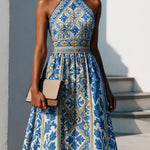 A-Line High Waisted Flower Print Pleated Zipper Halter-Neck Maxi Dresses