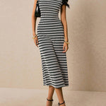 Sleeveless Contrast Color Split-Joint Striped Round-Neck Midi Dresses