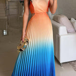 Fashionable Backless Tie Elegant Gradient Pleated Maxi Dress