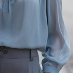 Dusty Blue Pleated Mandarin-Collar Chiffon Blouse