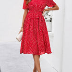 A-Line Elasticated Waist Contrast Color Polka Dot Split-Joint Tied Waist Round-Neck Midi Dresses