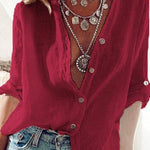 Ladies Cotton Linen Solid Color Pull-Sleeve Loose V-Neck Long-Sleeve Shirt