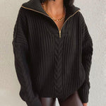 Zipper Lapel Twist Loose Solid Color Knitted Sweater