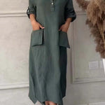 Women's Cotton and Linen Solid Color Casual Lapel Pocket Long Dress