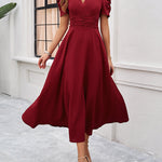 A-Line High Waisted Pleated Solid Color Zipper V-Neck Maxi Dresses