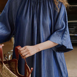 Loose Raglan Sleeve Drawstring Lace-Up Pleated Solid Color Round-Neck Midi Dresses