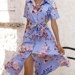 A-Line Loose Buttoned Flower Print Tied Waist Lapel Midi Dresses