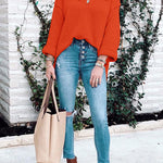Buttons V Neck Side Split Waffle Knit Sweater