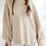 Long Sleeves Loose Fringed Solid Color Split-Joint Split-Side Round-Neck Sweatershirt