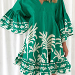A-Line Flared Sleeves Flower Print Pleated Split-Joint V-Neck Mini Dresses
