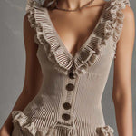 Vintage Elegant Two-Tone Ribbed Knit Ruffle Two-Piece Set