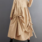 A-Line Long Sleeves Buttoned Pleated Pockets Solid Color Tied Lapel Midi Dresses Shirt Dress