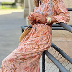 Pink Sexy Bohemian Floral V Neck Ruffle Maxi Dress