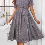 A-Line Elasticated Waist Contrast Color Polka Dot Split-Joint Tied Waist Round-Neck Midi Dresses