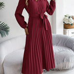 High Waisted Long Sleeves Belted Buttoned Pleated Solid Color V-Neck Maxi Dresses
