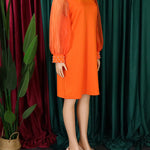 Puff Sleeves Beads Mesh Solid Color Split-Joint Round-neck Midi Dresses