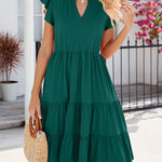 Loose Ruffle Sleeves Pleated Pockets Solid Color Split-Joint V-Neck Midi Dresses