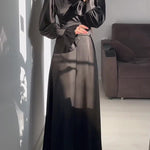 A-Line Long Sleeves Pleated Solid Color Tied Waist Zipper Mock Neck Maxi Dresses