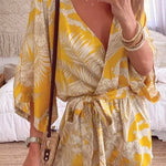 Lace-up Plants Print Yellow One-piece Romper
