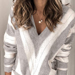 V Neck Stripe Color Block Loose Oversized Pullover Sweater