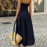 A-Line High Waisted Backless Pleated Solid Color Split-Joint Spaghetti-Neck Midi Dresses