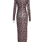 Bodycon Long Sleeves Leopard Printed Round-Neck Maxi Dresses