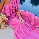 Cotton Blend Ruffle One Shoulder Belt Maxi Dress