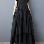 A-Line Loose Asymmetric Buttoned Pleated Spaghetti-Neck Maxi Dresses Suspender Dress