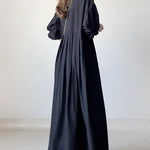 Long Sleeves Loose Pleated Solid Color Split-Joint Round-Neck Maxi Dresses Shirt Dress