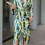 High Waisted Long Sleeves Asymmetric Pleated Printed Split-Joint Deep V-Neck Midi Dresses