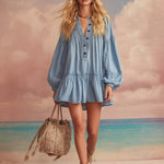 Elegant Western Loose V-neck Front Button Ruffled Hem Light Blue Denim Mini Dress