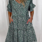 A-Line High Waisted Contrast Color Pleated Pockets Printed Split-Joint V-Neck Midi Dresses