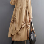 A-Line Long Sleeves Buttoned Pleated Pockets Solid Color Tied Lapel Midi Dresses Shirt Dress