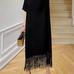 Loose Short Sleeves Solid Color Split-Joint Tasseled V-Neck Midi Dresses