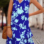 A-Line High Waisted Falbala Printed Split-Joint Tied Tiered V-Neck Mini Dresses