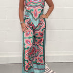 Fashion print suspenders open back tie top + straight pants set