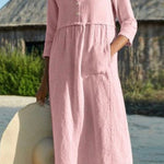 Round neck button pocket cotton and linen sleeves solid color dress