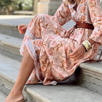 Pink Sexy Bohemian Floral V Neck Ruffle Maxi Dress