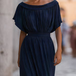Off-Shoulder Defined Waist Draped Maxi Dress