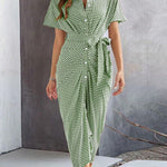Bodycon Half Sleeves Buttoned Contrast Color Tied Waist Lapel Midi Dresses