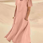 JFN Cotton & Linen Solid Color Loose Casual Pocket Dress