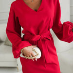 Holiday Gatherings V-neck Long Balloon Sleeve Tie-up Waist Loose Mini Dress
