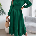 A-Line Elasticated Waist Pleated Solid Color Round-Neck Maxi Dresses