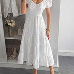 A-Line Loose Backless Pleated Solid Color Tied V-Neck Midi Dresses