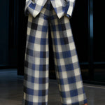 Loose Wide Leg Contrast Color Elasticity Plaid Pockets Pants Trousers