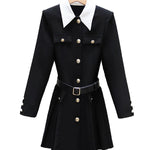 Elasticated Waist Long Sleeves Belted Buttoned Contrast Color Pleated Single-Breasted Lapel Mini Dresses Shirt Dress