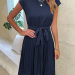 A-Line Loose Pleated Solid Color Tied Waist Round-Neck Midi Dresses